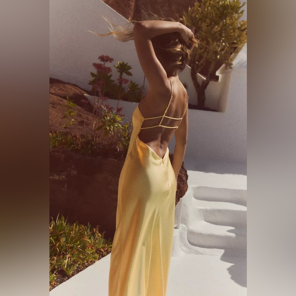 Zara maxi dress flowy butter yellow satin effect wedding evening party - Picture 7 of 16